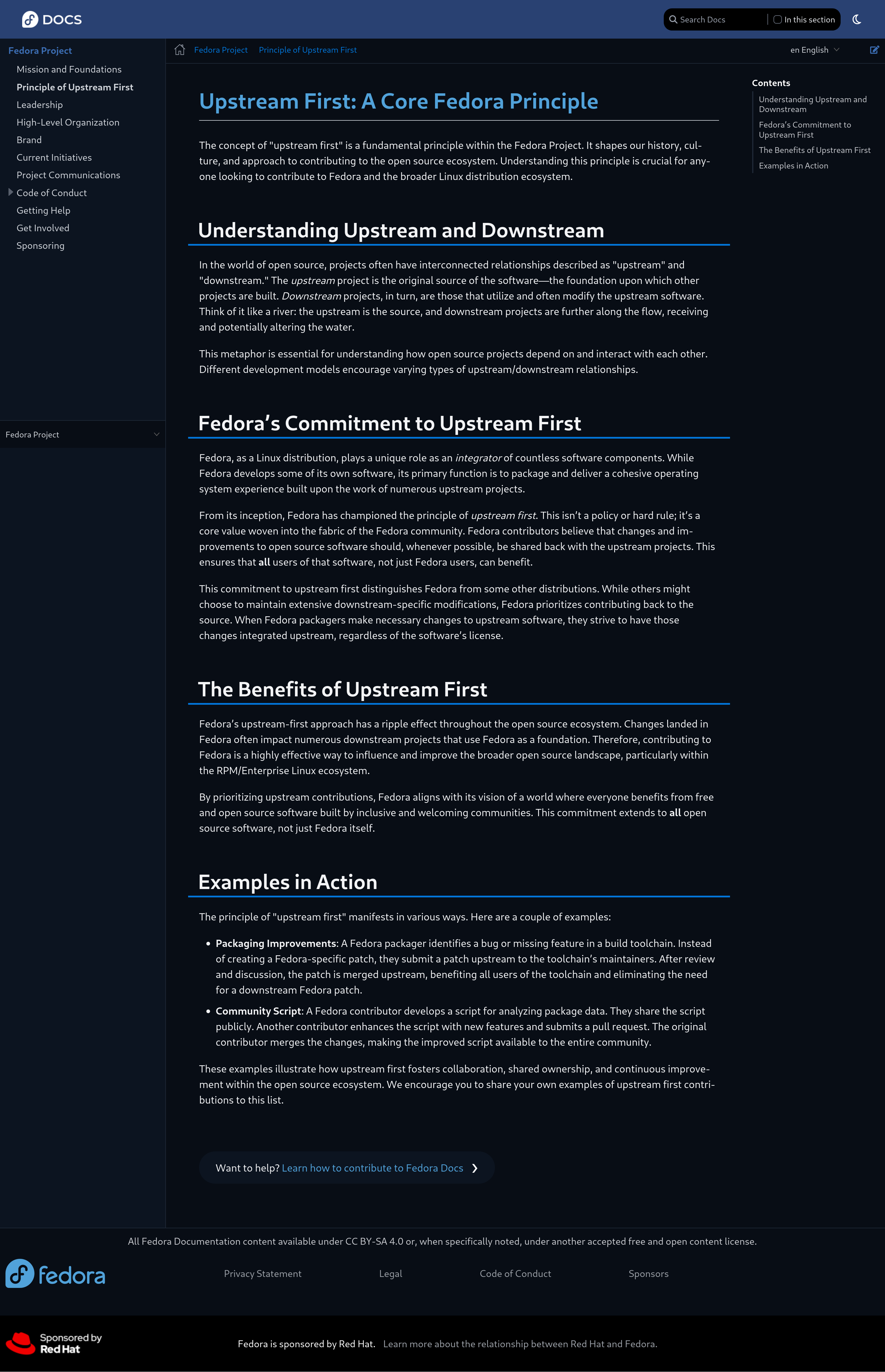 Draft document of a Fedora Project docs page titled "Upstream First: A Core Fedora Principle". The page describes the concept of "upstream first" in open source development, Fedora's commitment to it, its benefits, and examples. It features a sidebar navigation menu and Fedora project branding.