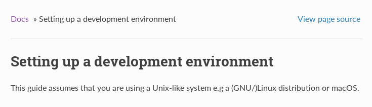 Screenshot of development environment docs page