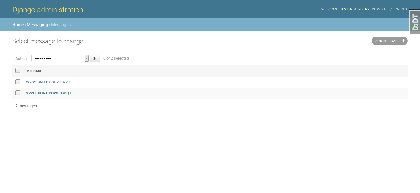 Screenshot of admin Messages view with message ID string as only value shown