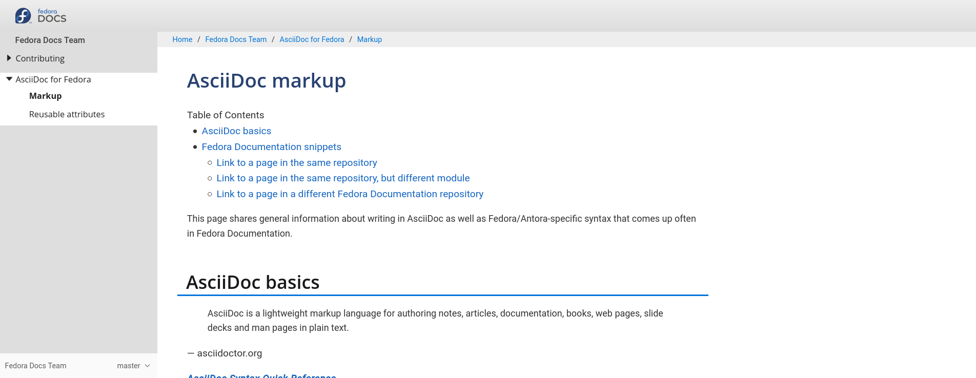 Screenshot of index page for AsciiDoc for Fedora Documentation Writers module