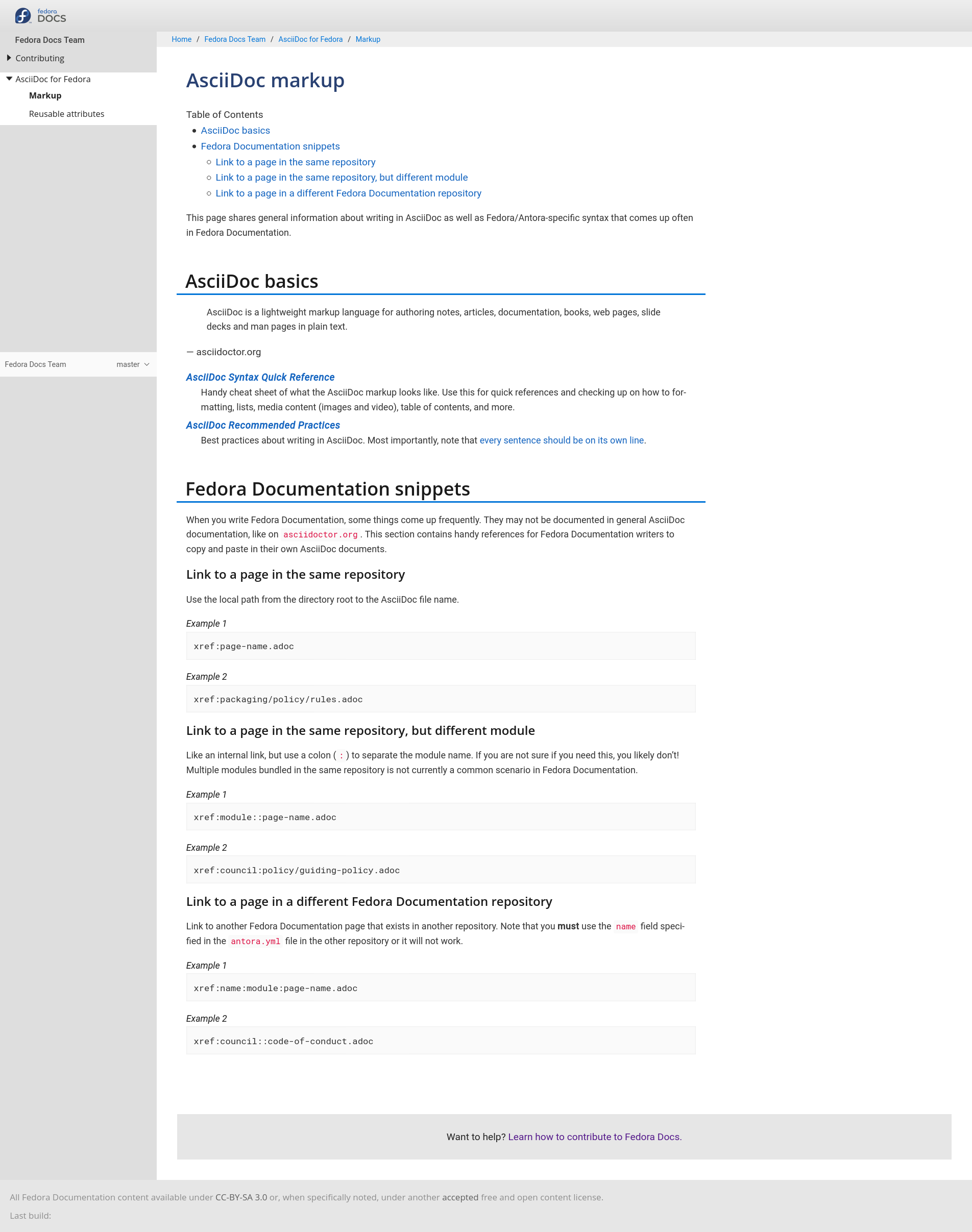 Screenshot of AsciiDoc markup page, explaining AsciiDoc in a Fedora context
