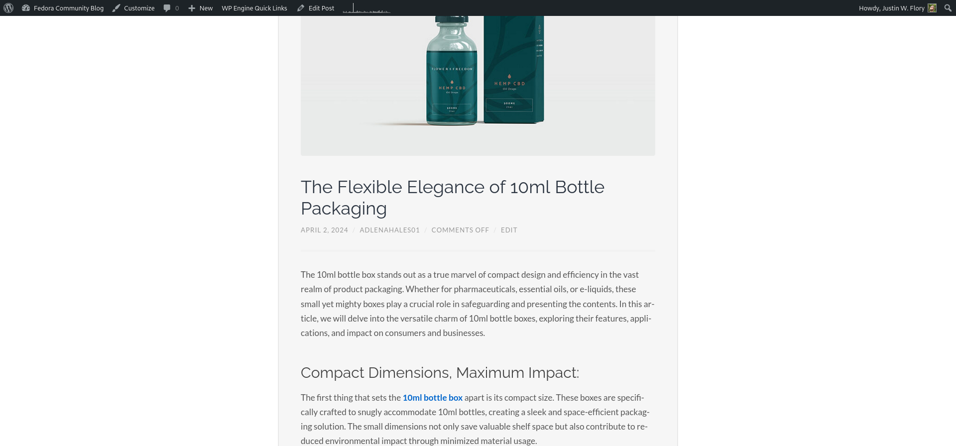 Screenshot of a Fedora Community Blog article advertising bottle packaging, unrelated to Fedora and Linux.